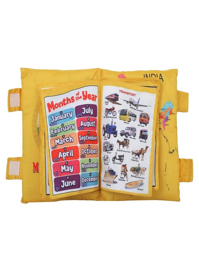PDSPM Learning Cushion Pillow Book For Kids With 2 Languages Learn - English And Hindi, Activity Play, Soft Cloth Book Baby Pillow Toys,(Cushion Gold),1 Count - Image 1